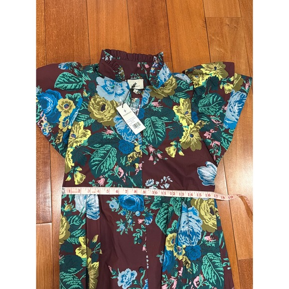 NWT Tuckernuck Merlot Sharp Floral Dress Burgundy Blue Ruffle Sleeve Midi M - Picture 6 of 10